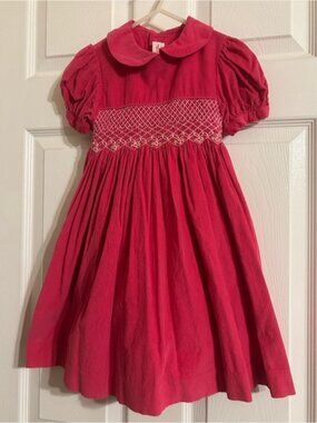 VTG Mom & Me Corduroy Dress Girls 4T Hot Pink Smocked Flower Puff Sleeve Tie